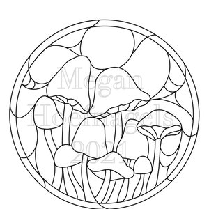 May include: Black and white line art illustration of a group of mushrooms in a circle. The mushrooms are drawn in a stained glass style with intricate details. The text "Megan Hoefagels 2021" is written in the center of the circle.