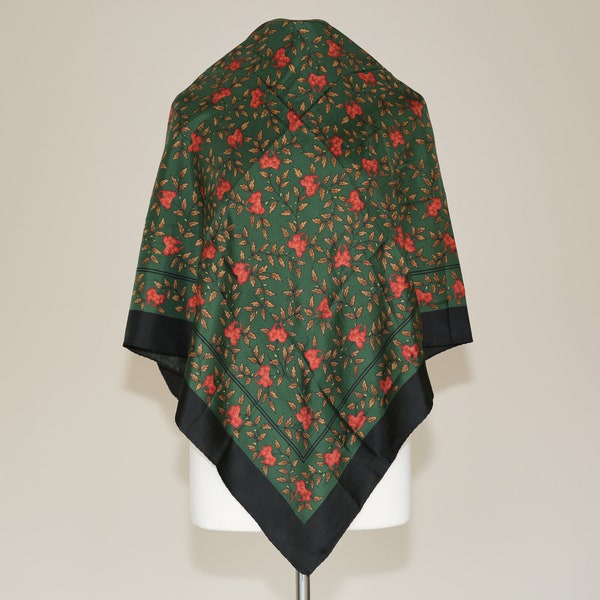 Beautiful hand rolled and hand stitched silk twill scarf vintage floral square gift black green rust brown gold