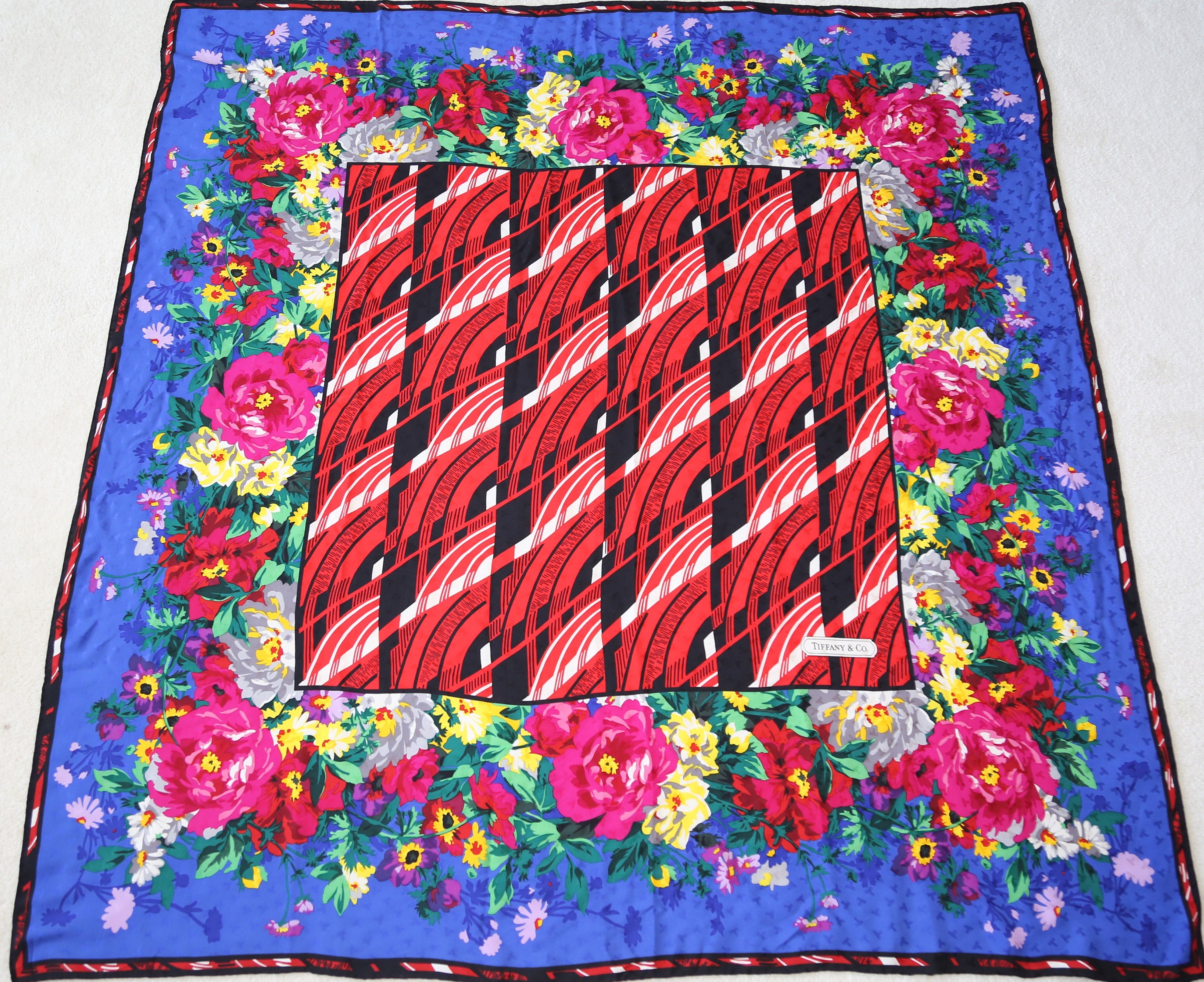 Authentic Vintage 1986 Tiffany and Company Scarf Tiffany & Co 1986 100% Silk Purple Blue Yellow Geometric  main image 4