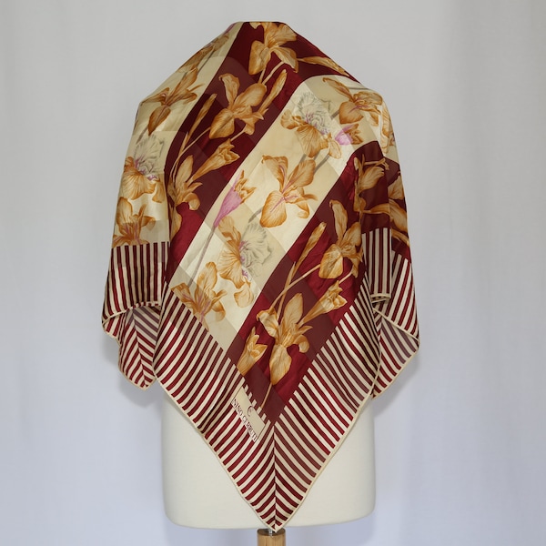 Authentic rare NINO CERRUTI 70s silk scarf vintage designer stripes floral square burgundy gold pink gray