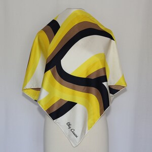 Authentic 70s Oleg Cassini luxury designer silk twill scarf vintage square yellow white black brown