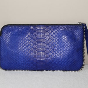 May include: A blue snakeskin clutch purse with a silver chain trim and a black zipper.
