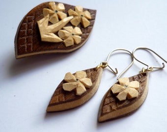 ensemble de broche et boucles d'oreilles en bois -  ensemble vintage boucles d'oreilles bois et fleur fait à la main- bijoux en bois