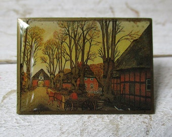 email pin on copper - artist drawing pin - 80s brooch, landscape brooch - square pin