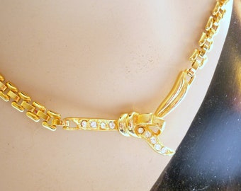 80s necklace - gold chain necklace - necklace with gold chain- necklace with knot and stones of the Rhine - 80s jewelry
