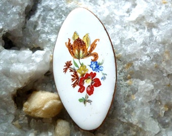 Broche de correo electrónico en cobre - broche esmaltado pintado a mano - broche de los años 80 - flores de broche esmaltado blanco - broche ovalado
