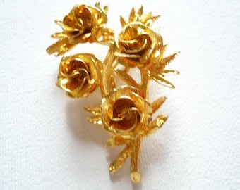 70er Jahre Brosche - Blumenbrosche - goldfarbene Brosche - Rosenbrosche - divinelolavintage, - Vintage Brosche - Blatt- und Blumenbrosche - schicke Brosche
