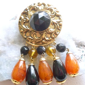 Vintage 80s disco brooch - vintage black and gold brooch - brooch with amber colored pearl - vintage resin - 80s jewelry
