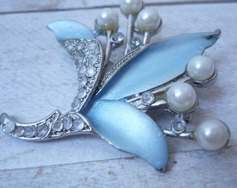 Vintage anni '60 spilla - perno vintage e fiori - blu e argento smaltato spilla - spilla e-mail e perle - vecchia spilla