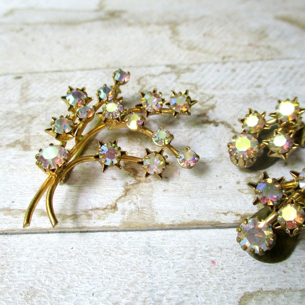 set vintage earrings- rhine stone brooch, flower brooch- aurora borealis crystal-old brooch,