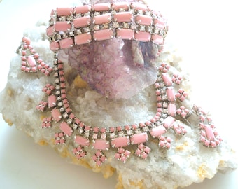 Collana, bracciale e orecchini Continental vintage - collana anni '50, collana color rosa e argento -