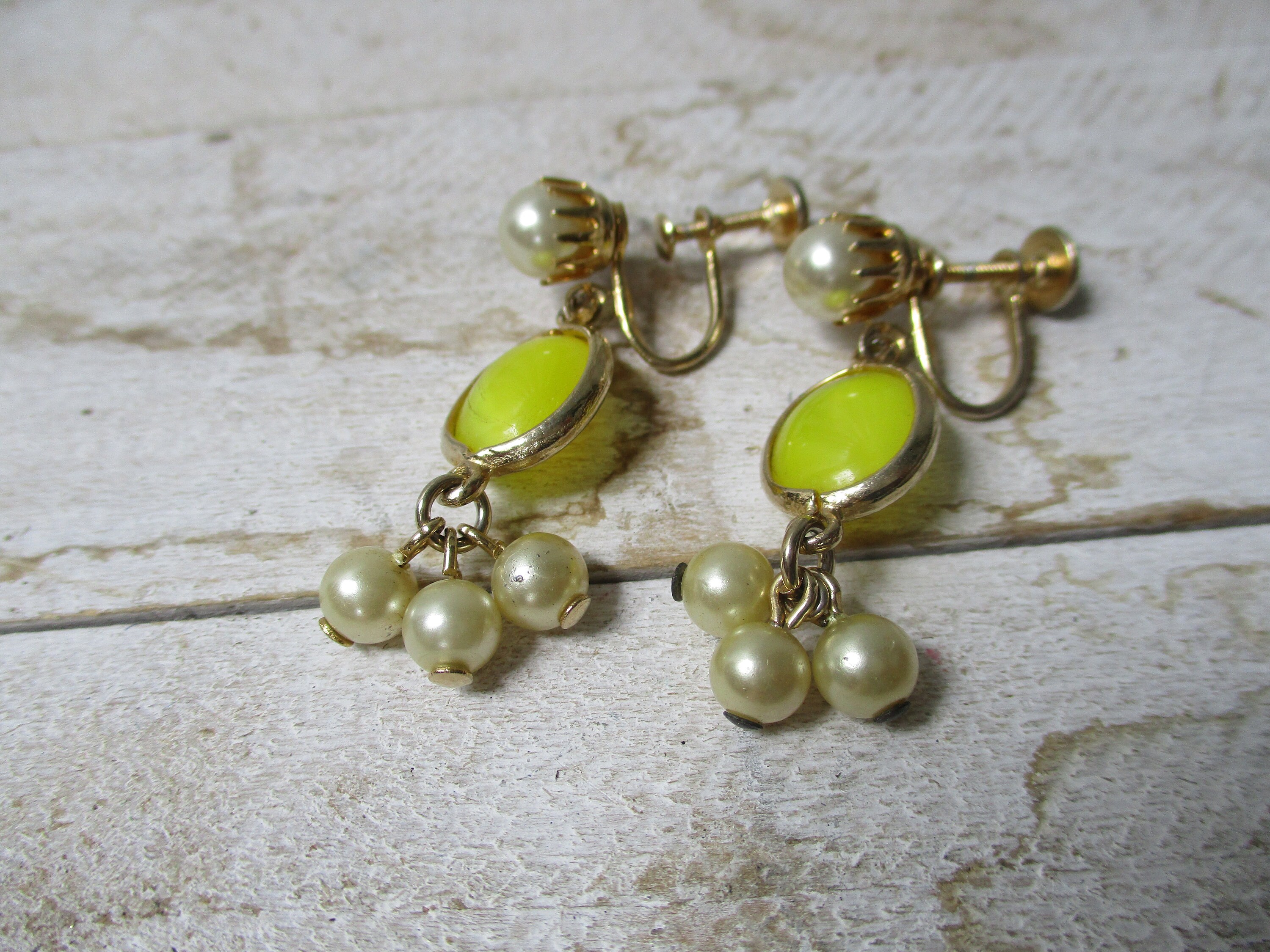 Earrings 60s White Ball Earrings Screw Earrings Yellow Etsy UK