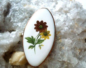 Broche de correo electrónico en cobre - broche esmaltado pintado a mano - broche de los años 80 - flores de broche esmaltado blanco - broche ovalado