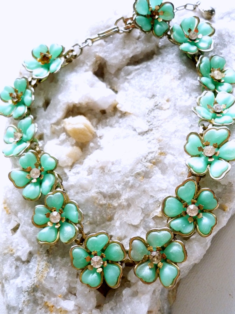 Collier vintage fleurs turquoises collier chaine ronde couleur or collier articulé image 1