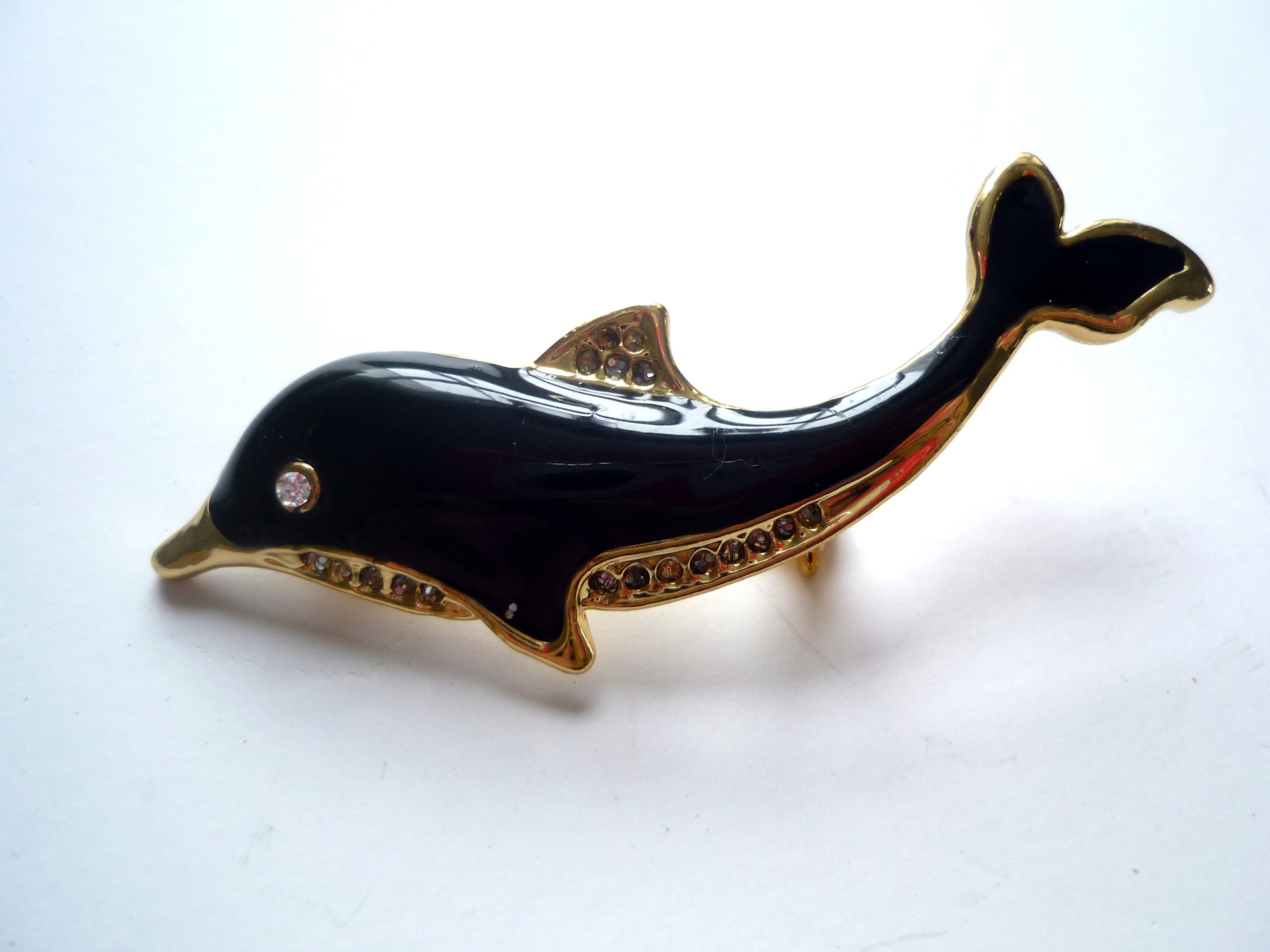 Dolphin Brooch 90s Black Enamelled Dolphin Brooch Gold Etsy UK