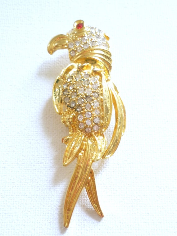Broche oiseaux années 60 - broche perroquet - broche oiseau or et pierres du rhin
