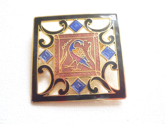 Broche émaillée - broche couleur or - broche années 90- broche carrée - broche style asiatique