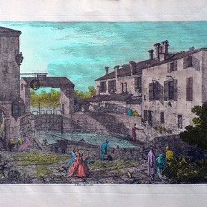 Canaletto, Venice, Dolo, Canal F, Antique city of Italy, Engraving Hand coloured,antique Venice, renaissance,italian landscape