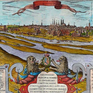 May include: A vintage illustration of a city with a river running through it. The city is surrounded by a wall and there are several buildings visible. The illustration is in a style reminiscent of a map, with text labels and a decorative border. The text in the image reads "KONACHIM VTRIVS BAVARIA CIVITAS MONACHII", "SERENISSIMO PRINCIPI AC DOMINO D. GWILHELMO COMITI PAL RHENI VTRIVSQ BAVARIA, DVCI DOTO SVO CLEMENTISS: IN HVMILLIMI OBSEQVII SVI MONVM: GEORG/HOEFNAGLIVS D."