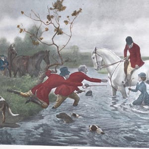 May include: A painting depicting a group of people on horseback and on foot, crossing a stream. The people are dressed in traditional hunting attire, and the horses are white and brown. There are several dogs in the scene, and the background is a misty forest.