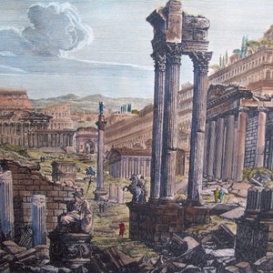 Rome - Roman Forum (Roman Forum) - Rossini drawings, Rome, Italian draftsman, Watercolor, vintage etching, ancient rome