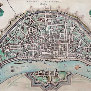 May include: A detailed, hand-drawn map of Cologne, Germany, from the 17th century. The map shows the city's layout, including its streets, buildings, and waterways. The map is titled "Colonia Agrippina. Coeln" and includes a key with numbered locations.
