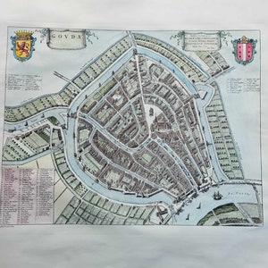 Nederland, Gouda, stadsplattegrond, oud gouda, wallart gouda, gravure, etsen, oud Nederland
