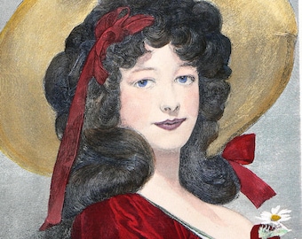 Woman Portrait II - Ancient Picture - Hand colored etching