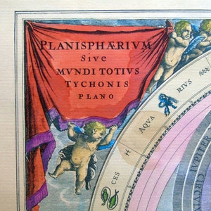 May include: A red and purple banner with the text 'PLANISPHARIVM Sive MVNDI TOTIVS TYCHONIS PLANO' in black lettering. The banner is held by two cherubs, one on each side. The cherubs are painted in a light skin tone and have blue wings. The banner is against a background of a celestial map with a pink and blue color scheme.