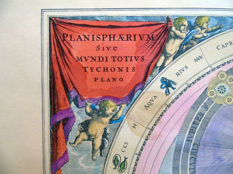 May include: A red and purple banner with the text 'PLANISPHARIVM Sive MVNDI TOTIVS TYCHONIS PLANO' in black lettering. The banner is held by two cherubs, one on each side. The cherubs are painted in a light skin tone and have blue wings. The banner is against a background of a celestial map with a pink and blue color scheme.