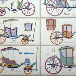 Carriages, Didierot, Moreau, transports, Ancient Horse Carriages 1771 Hand colored etching