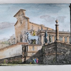 Rome, Quirinale, Rossini, Hand colored etching, drawings, Rome, Italian draftsman, vintage etching, ancient rome,