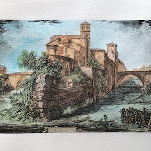 Piranesi ,Roma,Tiber Island,Italy, Hand colored etching, drawings, Isola Tiberina, Italian draftsman, vintage etching, ancient roma,