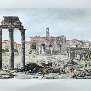 Rome - Roman Forum - Imperial Forums, Rossini, drawings, Rome, Italian draftsman, Watercolor, vintage etching, ancient rome