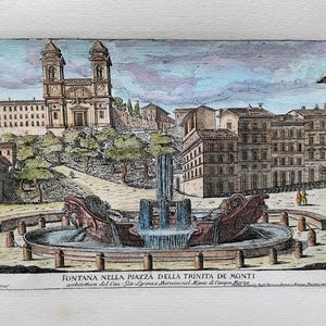 Rome, Trinità dei Monti, the Barcaccia, fountain, Piazza di Spagna, Bernini, Hand colored etching, drawings, Italian draftsman, ancient Rome,