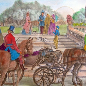 Cheval - Conduite le soir - Gravure coloriée à la main, calèche, gens élégants, haute société, gravure gravure