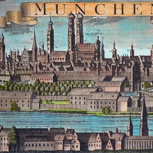 May include: An antique illustration depicting the city of Munich, Germany. The illustration shows a detailed view of the city's skyline, including the Frauenkirche, the city's iconic twin-towered church. The illustration is in a vintage style, with a muted color palette and a focus on architectural detail.