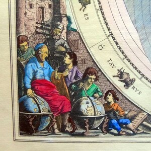 May include: A group of people are gathered around a globe. The globe is on a stand with a base. The people are wearing colorful clothing. The globe is surrounded by a wall with a brick pattern. The wall has text on it that says 'TAV' and 'RVS'. The globe is surrounded by a blue and white sky.