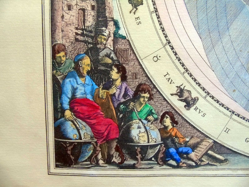 May include: A group of people are gathered around a globe. The globe is on a stand with a base. The people are wearing colorful clothing. The globe is surrounded by a wall with a brick pattern. The wall has text on it that says 'TAV' and 'RVS'. The globe is surrounded by a blue and white sky.
