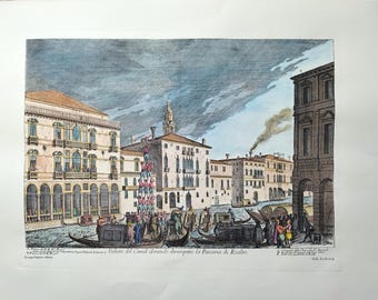 Venice, Grand Canal, Rialto Bridge, Veneto, Italy, Venice etchings, Venice wall art, Ancient Venice. Gondola, Murano, Burano