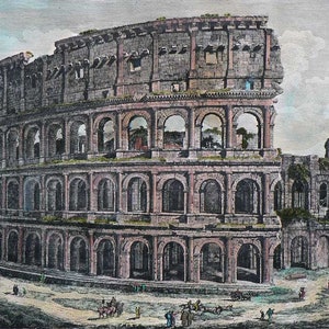 Rome, Colosseum (symbol of Rome),Rossini, Hand colored etching, drawings, Rome, Italian draftsman, vintage etching, ancient rome