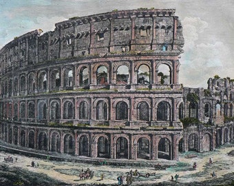 Rome, Colosseum (symbol of Rome),Rossini, Hand colored etching, drawings, Rome, Italian draftsman, vintage etching, ancient rome