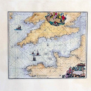 Angleterre/France - Manche/ Angleterre France - Carte vintage originale - Colorée à la main