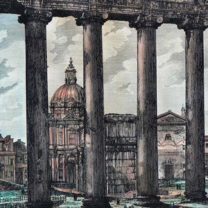 Rome, Tempio della Concordia, The temple of Concordia, Roman Forum,Rossini,Hand colored etching,ancient Rome,roman empire