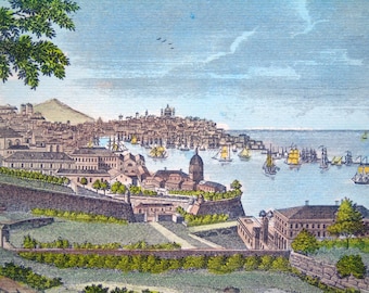Genoa - Port of Genoa - Italy - Hand-colored Etchings