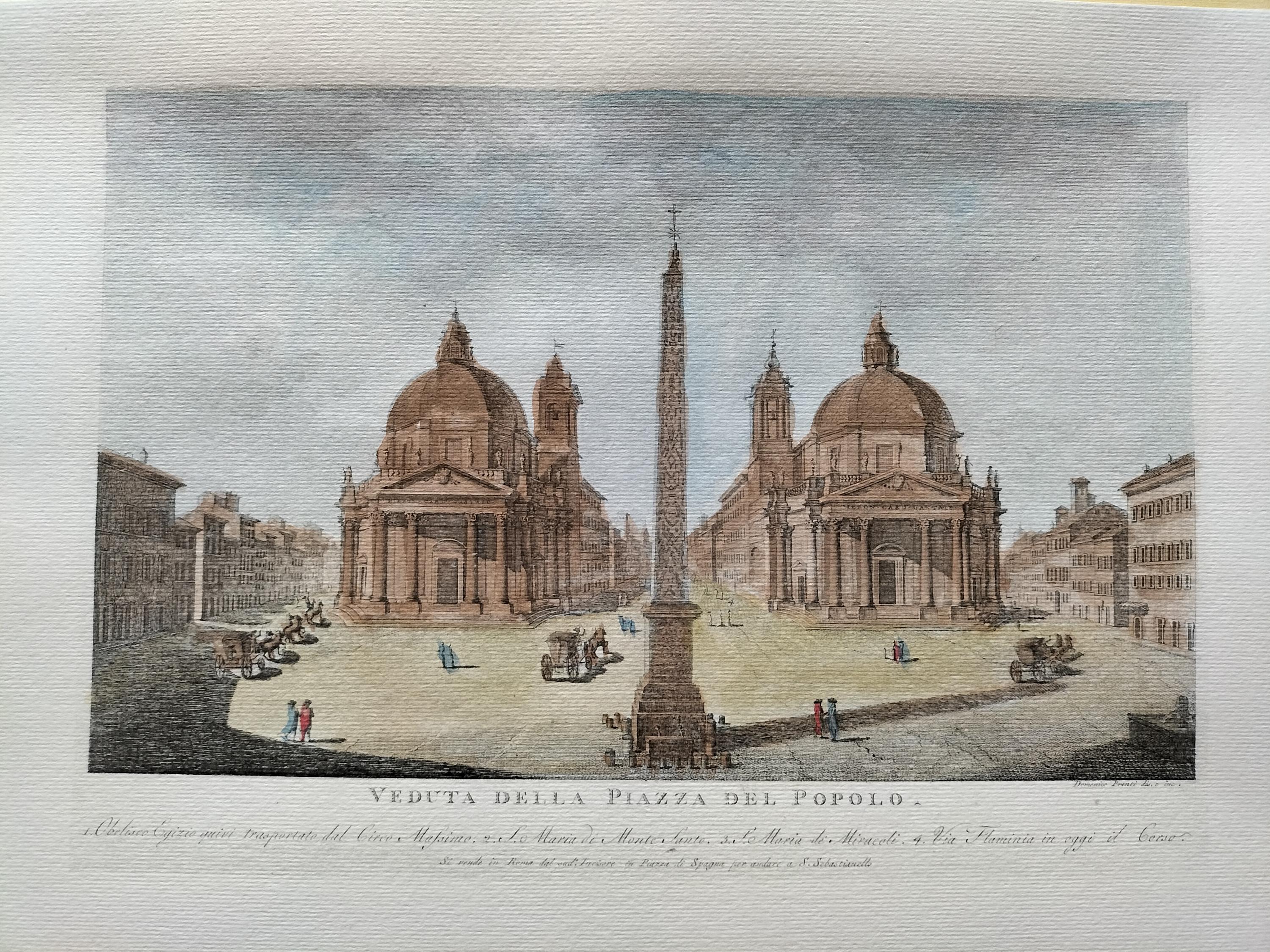 Rome, Piazza del Popolo, Italy, Hand colored etching, drawings, Vatican, Italian draftsman, vintage etching, ancient rome,