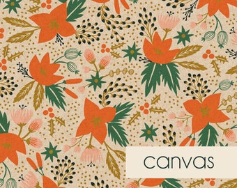 Canvas - Holiday Classics Poinsettia in Cream Unbleached Canvas by Rifle Paper Co - Fabric Sold by Half Yard Increments, Cut Continuously