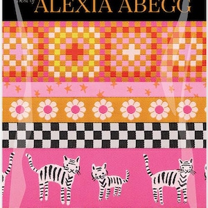 May include: A pack of designer ribbon featuring a variety of patterns, including gingham, stars, flowers, checkerboard, and geometric designs. The ribbon is pink, orange, yellow, black, and white. The pack is labeled "Best of Alexia Abegg Designer Ribbon Pack" and includes the website www.renaissanceribbons.com.