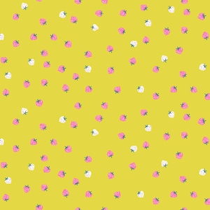 May include: A repeating pattern of pink and white strawberries with green stems scattered on a bright yellow background. The strawberries have a textured appearance, and the design is simple and playful.