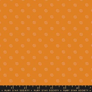 May include: A seamless fabric pattern with a repeating design of small white circles on a solid orange background.
